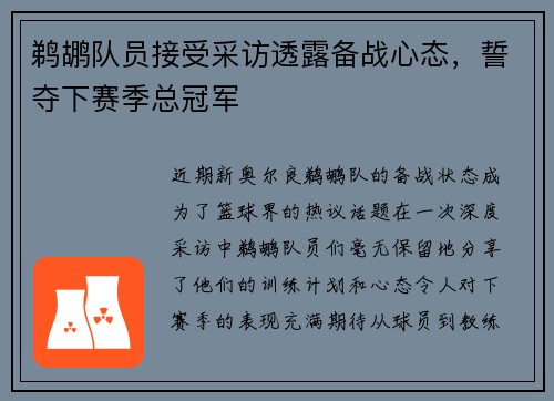 鹈鹕队员接受采访透露备战心态，誓夺下赛季总冠军