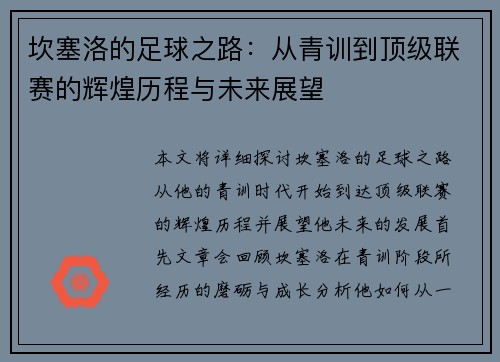 坎塞洛的足球之路：从青训到顶级联赛的辉煌历程与未来展望